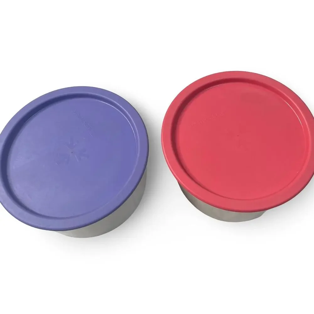 Tupperware One Touch Canister Set of 2 White 2708A Purple Pink Lid 2421A VTG